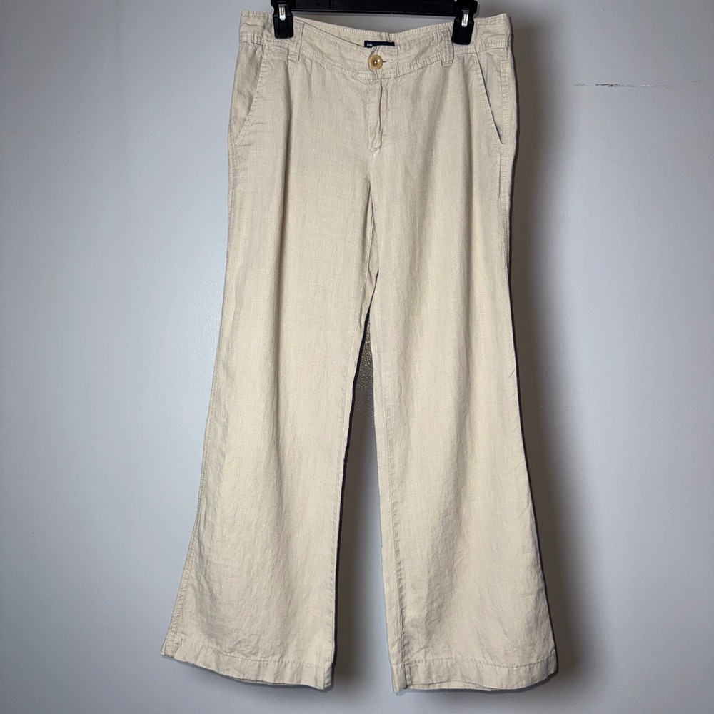 Gap Womens Tan Beige 100% Linen Wide Leg Trousers Pants Size 4 Travel Minimalist